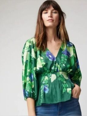 WHBM Smocked Waist Kimono Sleeve Blouse Green Floral